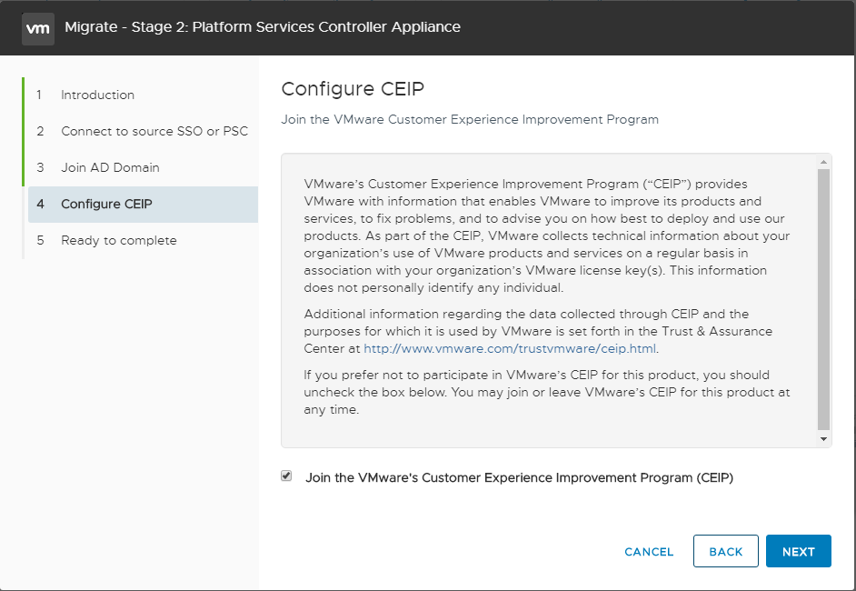 Wizard step to join the VMware Customer Experience Improvement Program (CEIP)