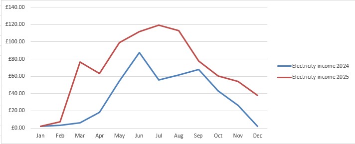 Graph showing the amount of income generated per month in 2024 and 2025. More was generated in 2025 than in 2024
